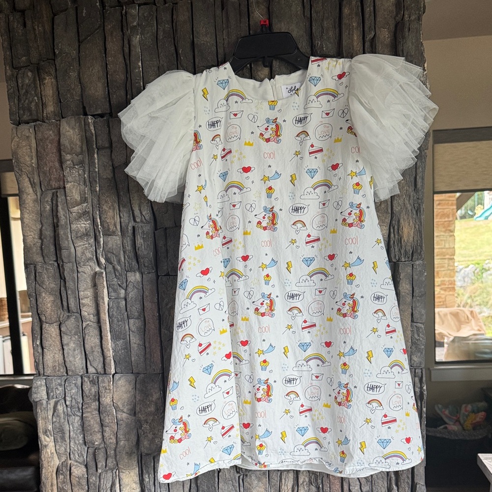 Lola + The Boys White Dress with Playful Print and Tulle Sleeves